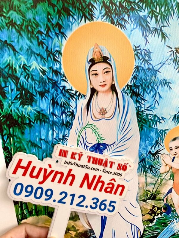 In tranh thờ cúng Mẫu Quan Thế Âm Bồ Tát và Thiện Tài đồng tử, in tranh vải Canvas - INKTS1815