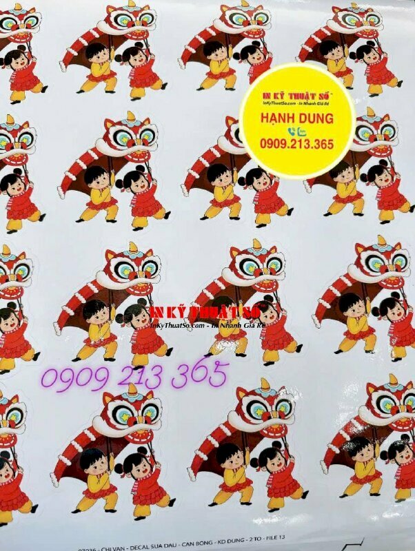 In sticker Trung thu Thiếu nhi múa lân, in Decal sữa mực dầu, cán bóng, bế tem theo viền