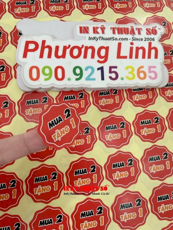 In tem khuyến mãi mua 2 tặng 1, tem giấy sticker khuyến mãi bóc dán nhanh dễ dàng
