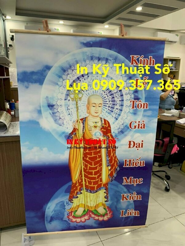 Tranh Canvas in nhanh theo yêu cầu, gia công thả nẹp gỗ tròn 2 đầu chiều 100cm, quấn dây thừng trắng