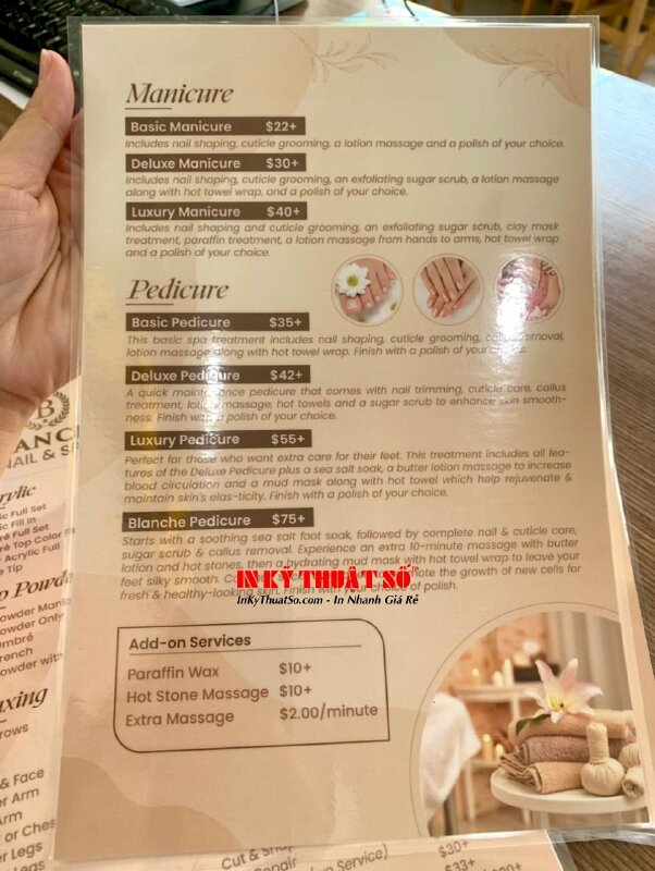 In menu ép plastic tiệm Nail & Spa, hàng gửi đi tiểu bang Kentucky, Hoa Kỳ từ TPHCM - INKTS1940