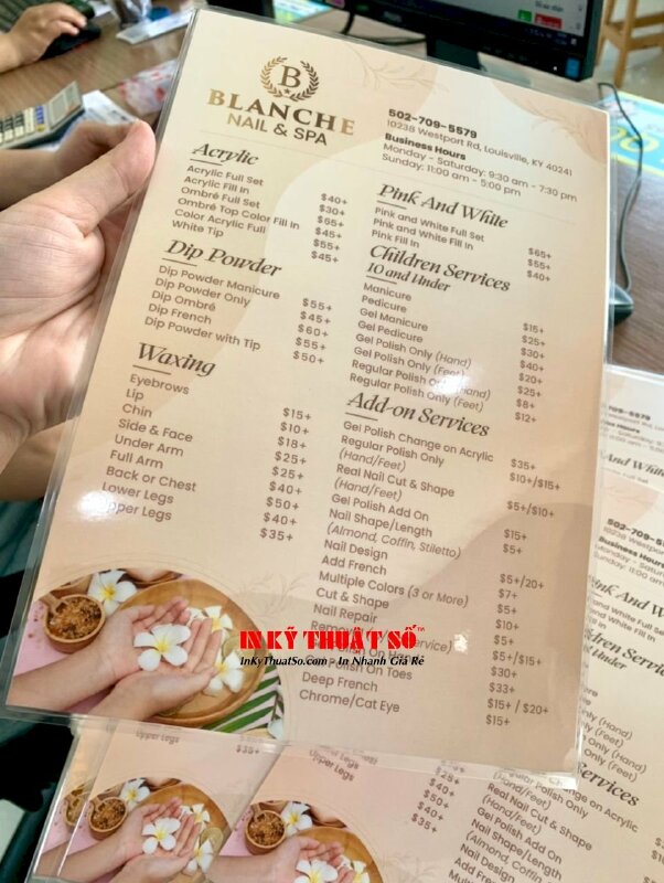 In menu ép plastic tiệm Nail & Spa, hàng gửi đi tiểu bang Kentucky, Hoa Kỳ từ TPHCM - INKTS1940