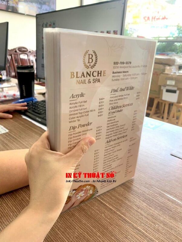 In menu ép plastic tiệm Nail & Spa, hàng gửi đi tiểu bang Kentucky, Hoa Kỳ từ TPHCM - INKTS1940