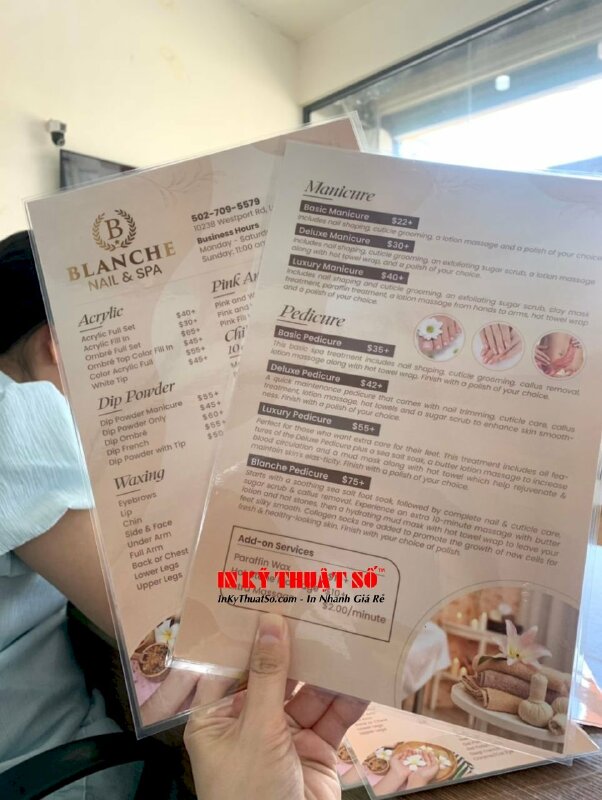 In menu ép plastic tiệm Nail & Spa, hàng gửi đi tiểu bang Kentucky, Hoa Kỳ từ TPHCM - INKTS1940