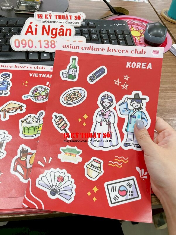 In sticker set chủ đề đặc trưng văn hóa, ẩm thực, con người Korea - Việt Nam, sticker Decal sữa có bế Demi từng hình dán - INKTS1911