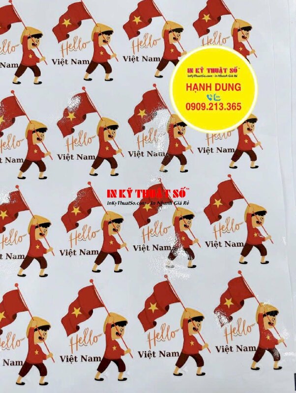 In sticker Tết Trung thu, sticker cậu bé cầm cờ Hello Việt Nam, tem Decal sữa có bế theo viền - INKTS1994