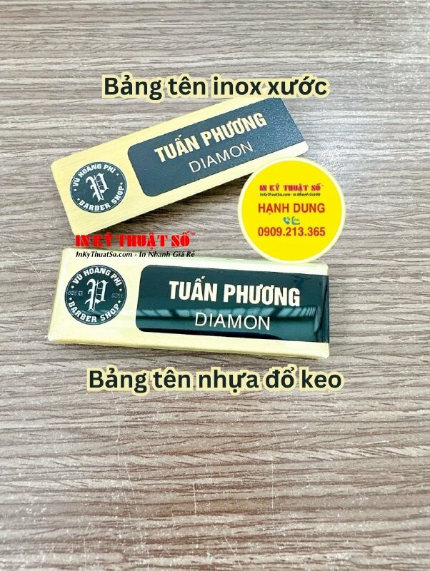 Làm bảng tên Inox xước in UV gắn nam châm mặt sau chức danh Manager, Diamon cho nhân viên Barber Shop tiệm tóc nam - INKTS1916