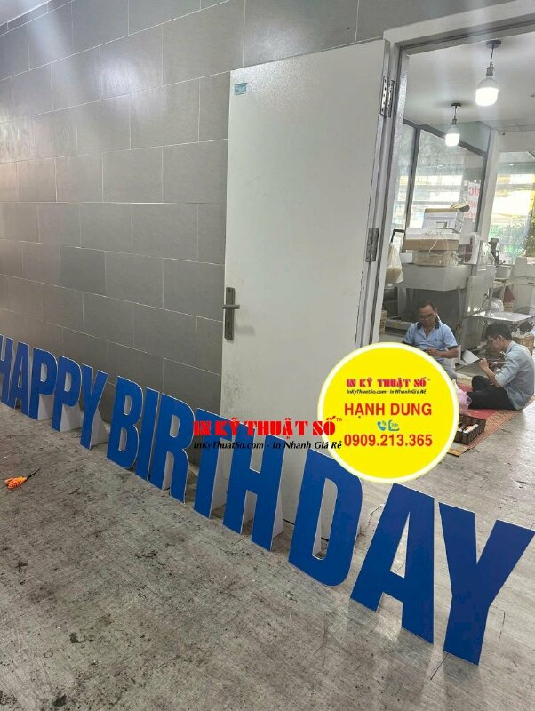 Cắt chữ Format CNC có chân đế HAPPY BIRTHDAY in PP mực dầu màu xanh dương, cán màng mờ - INKTS2124