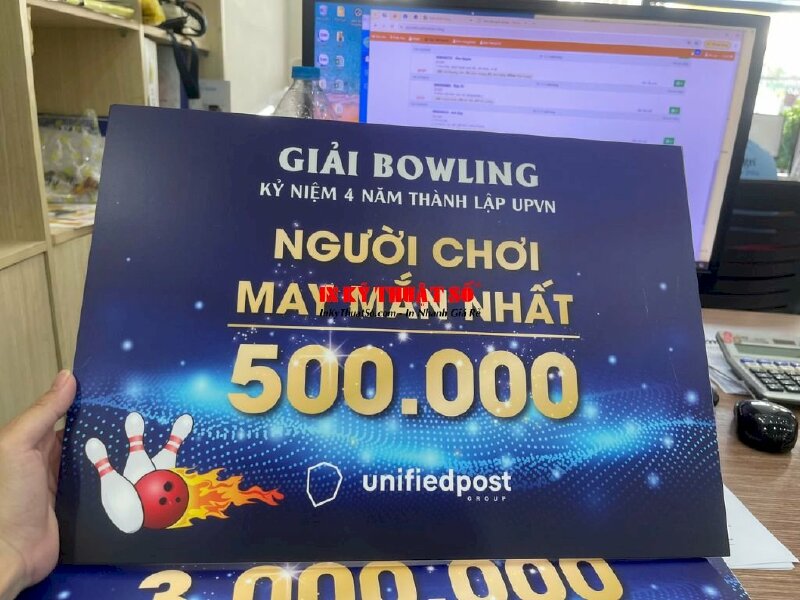 In bảng trao thưởng khổ A3 từ in PP bồi formex cán màng mờ, bảng trao giải Bowling - INKTS2070