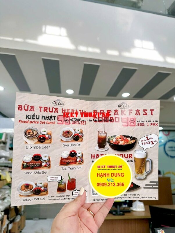 In brochure nhà hàng Nhật Bản giới thiệu món ăn Breakfast, Set Lunch, Set nhậu, in Offset tờ rơi leaflet A4 cấn 1 đường - INKTS2133