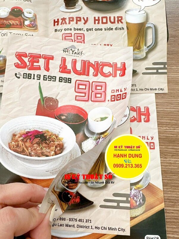 In brochure nhà hàng Nhật Bản giới thiệu món ăn Breakfast, Set Lunch, Set nhậu, in Offset tờ rơi leaflet A4 cấn 1 đường - INKTS2133