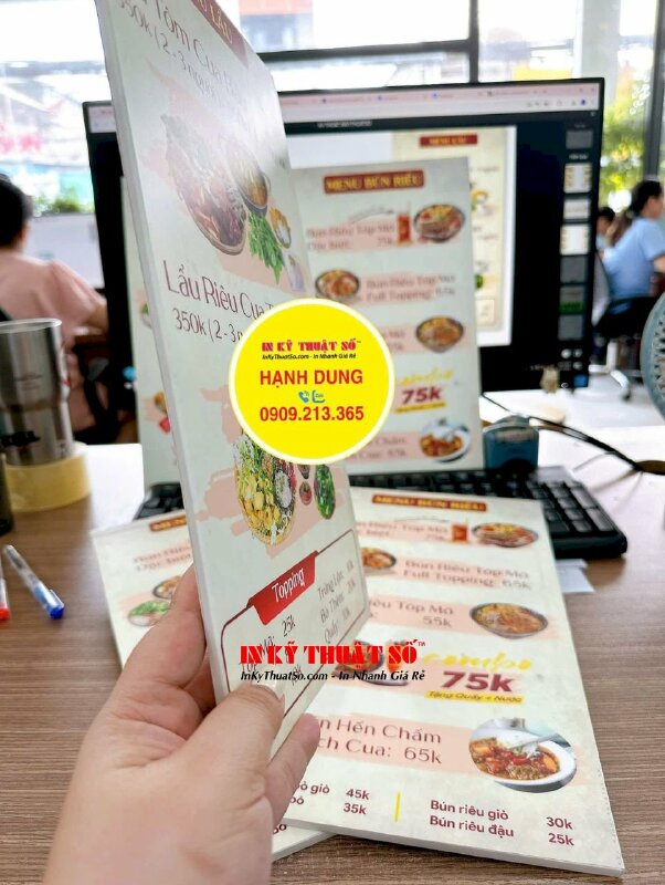 In menu quán bún riêu, lẩu riêu dạng tấm cầm tay, in trên tấm Formex, dán gói 2 mặt - INKTS2130