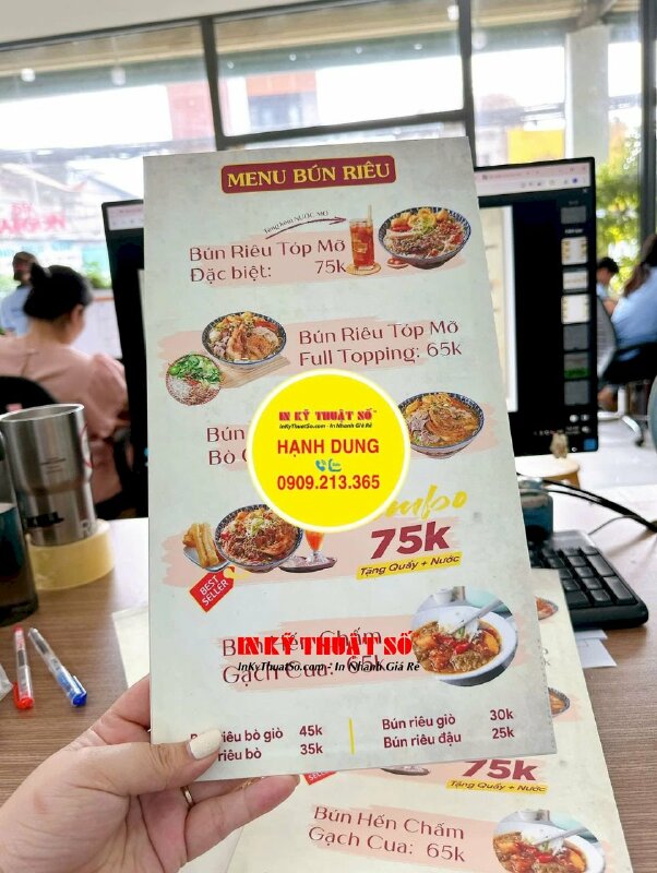 In menu quán bún riêu, lẩu riêu dạng tấm cầm tay, in trên tấm Formex, dán gói 2 mặt - INKTS2130