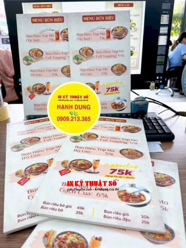 In menu quán bún riêu, lẩu riêu dạng tấm cầm tay, in trên tấm Formex, dán gói 2 mặt - INKTS2130