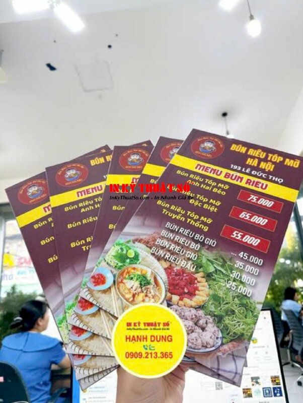 In menu quán bún riêu tóp mỡ Hà Nội, menu tấm cầm tay, in trên tấm Formex, dán gói 2 mặt - INKTS2135