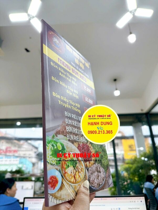 In menu quán bún riêu tóp mỡ Hà Nội, menu tấm cầm tay, in trên tấm Formex, dán gói 2 mặt - INKTS2135