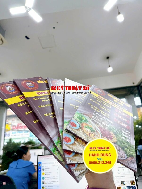 In menu quán bún riêu tóp mỡ Hà Nội, menu tấm cầm tay, in trên tấm Formex, dán gói 2 mặt - INKTS2135