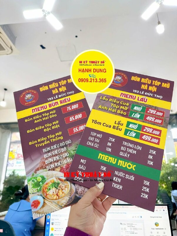 In menu quán bún riêu tóp mỡ Hà Nội, menu tấm cầm tay, in trên tấm Formex, dán gói 2 mặt - INKTS2135