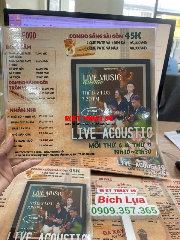 In menu quán cà phê Acoustic, menu ép plastic, menu tấm cầm tay khổ A4 - INKTS2067