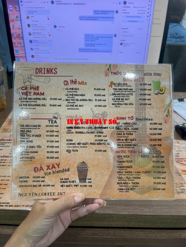 In menu quán cà phê Acoustic, menu ép plastic, menu tấm cầm tay khổ A4 - INKTS2067