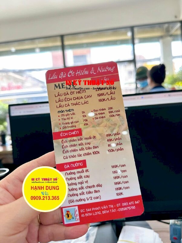 In menu quán Cháo ếch Lẩu gà ớt hiểm, menu tấm nhựa cứng cầm tay nhỏ gọn - INKTS2129