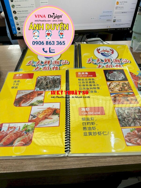 In menu quán hải sản, menu tiếng Trung, menu giấy ép plastic đóng gáy lò xo nhựa đen - INKTS2074