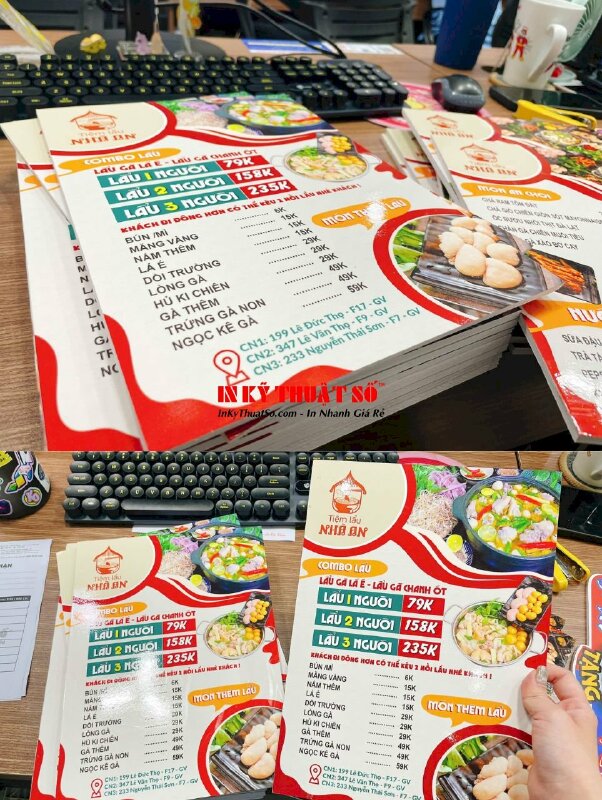 In menu quán lẩu gà lá é, menu tấm cầm tay, in trên tấm Format, dán gói 2 mặt - INKTS2151