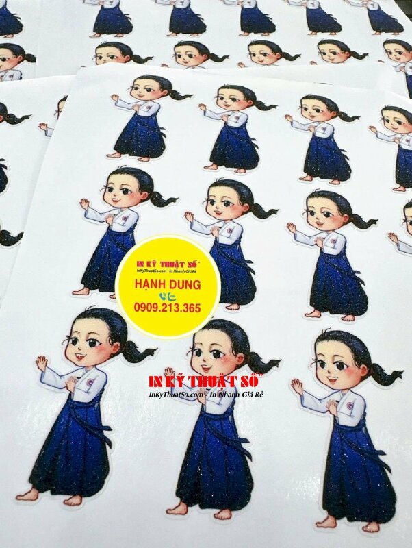 In sticker Chibi Aikido nhãn dán Decal sữa theo yêu cầu số lượng ít, gia công cán kim sa óng ánh, bế theo viền - INKTS2092