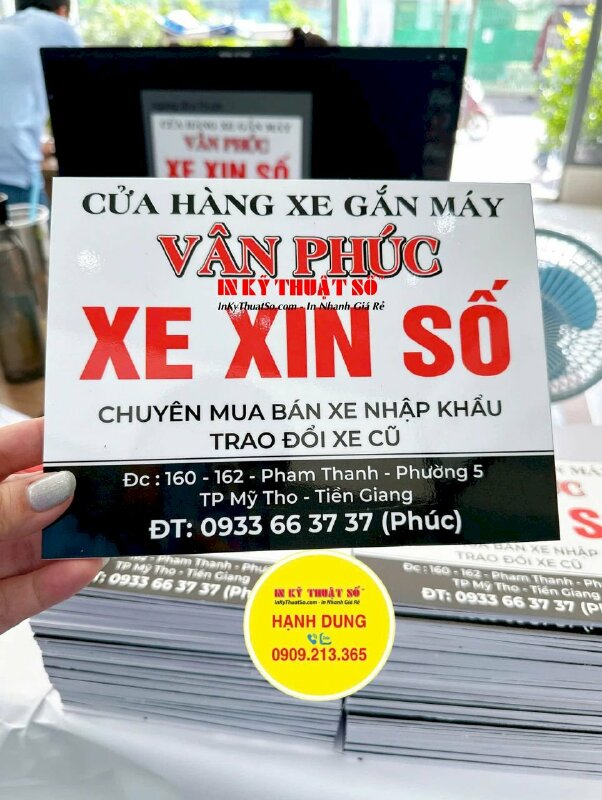 In biển xe xin số thông tin cửa hàng xe gắn máy, in PP bồi formex cán màng bóng sử dụng ngoài trời, hàng gửi về Mỹ Tho, Tiền Giang - INKTS2175