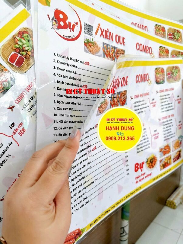 In menu quán xiên que, menu khổ A3 in 2 mặt ép plastic - INKTS2178