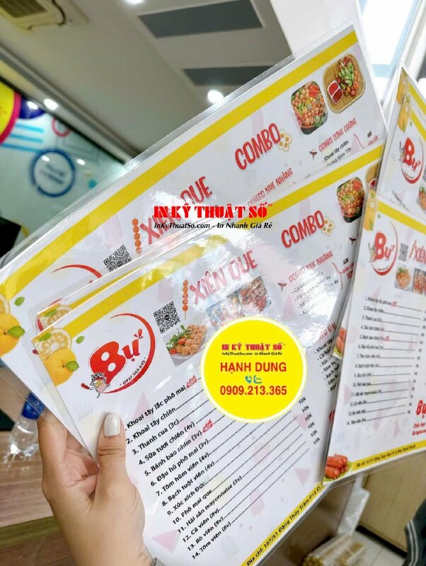 In menu quán xiên que, menu khổ A3 in 2 mặt ép plastic - INKTS2178