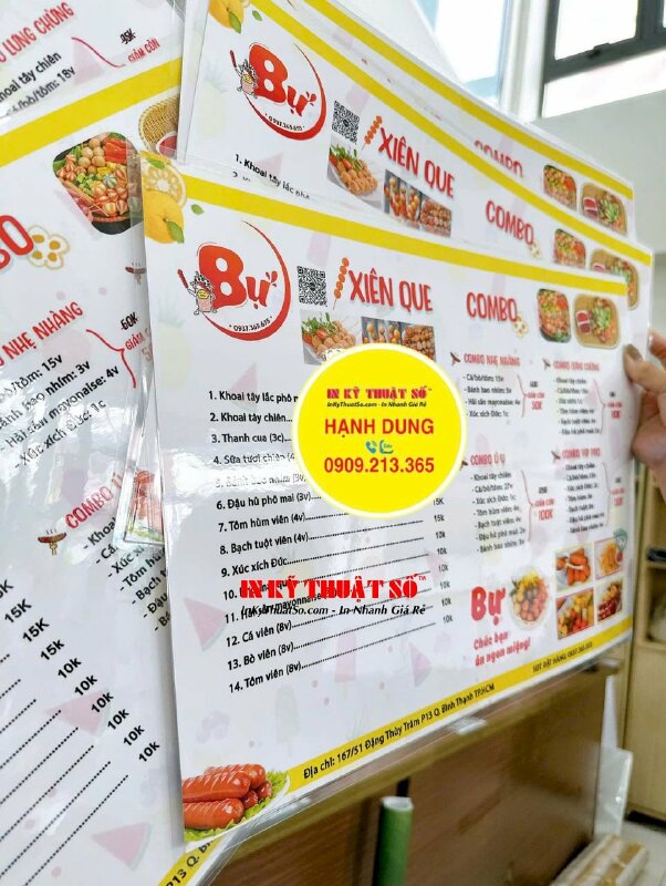 In menu quán xiên que, menu khổ A3 in 2 mặt ép plastic - INKTS2178