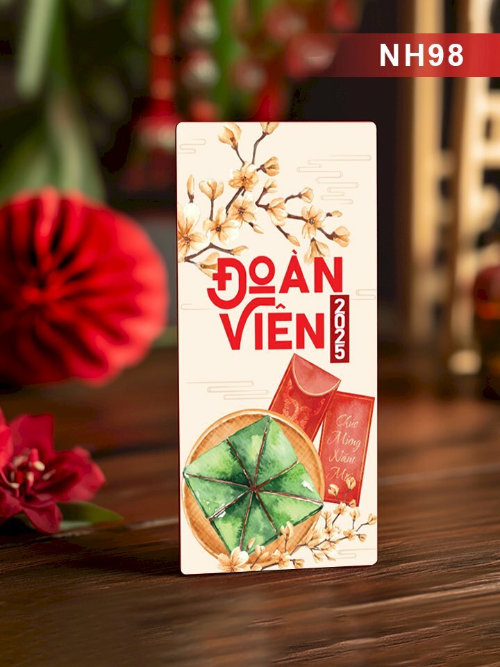 In bao lì xì Tết Đoàn Viên thiết kế mẫu bánh chưng xanh, mai vàng, đào hồng, phong bao đỏ - Mã NH98 - INKTS2712