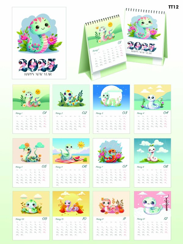 Làm lịch để bàn Cute Snake, ảnh rắn Chibi, lịch năm con rắn Ất Tỵ - Mã TT12 - INKTS2193