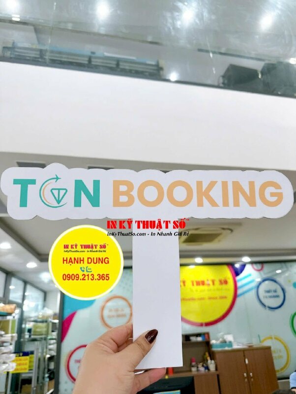 In hashtag cầm tay Logo công ty về nền tảng đặt dịch vụ Booking check in sự kiện khai trương - INKTS2862