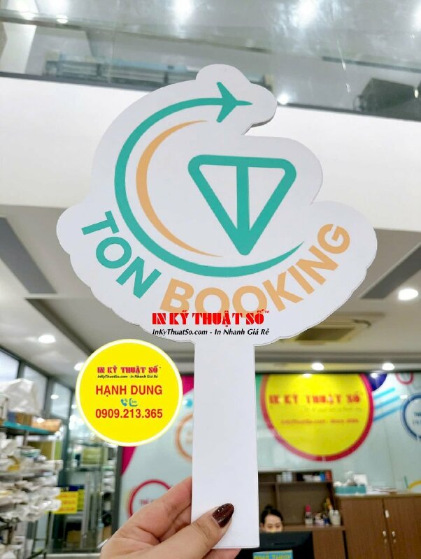 In hashtag cầm tay Logo công ty về nền tảng đặt dịch vụ Booking check in sự kiện khai trương - INKTS2862