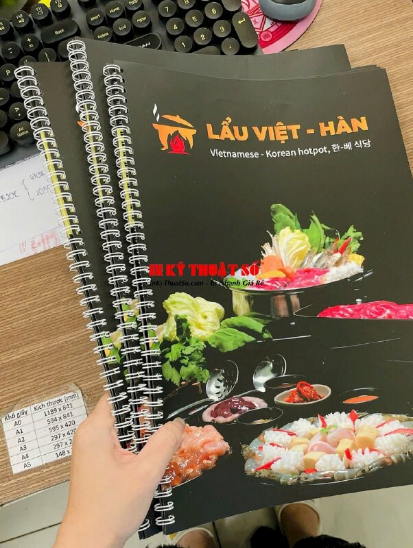 In menu quán lẩu hotpot, in giấy C300gsm, gáy lò xo với tên món ăn tiếng Việt, tiếng Anh, tiếng Hàn - INKTS2803