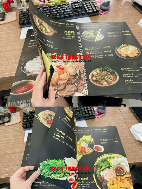 In menu quán lẩu hotpot, in giấy C300gsm, gáy lò xo với tên món ăn tiếng Việt, tiếng Anh, tiếng Hàn - INKTS2803