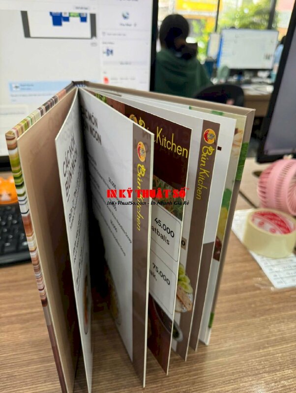 In quyển menu nhà hàng Bún ba miền, menu giấy bồi phẳng, đóng gáy menu mở phẳng Lay Flat Binding - INKTS2796