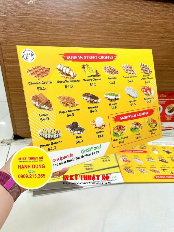 Làm menu khổ A3 đặt bàn tiệm bánh, quán cà phê, bảng menu PP cán format 2 mặt nội dung, hàng gửi đi Singapore từ TPHCM - INKTS1602