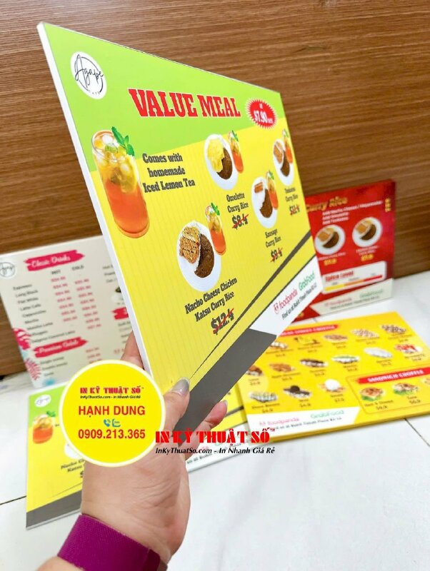 Làm menu khổ A3 đặt bàn tiệm bánh, quán cà phê, bảng menu PP cán format 2 mặt nội dung, hàng gửi đi Singapore từ TPHCM - INKTS1602