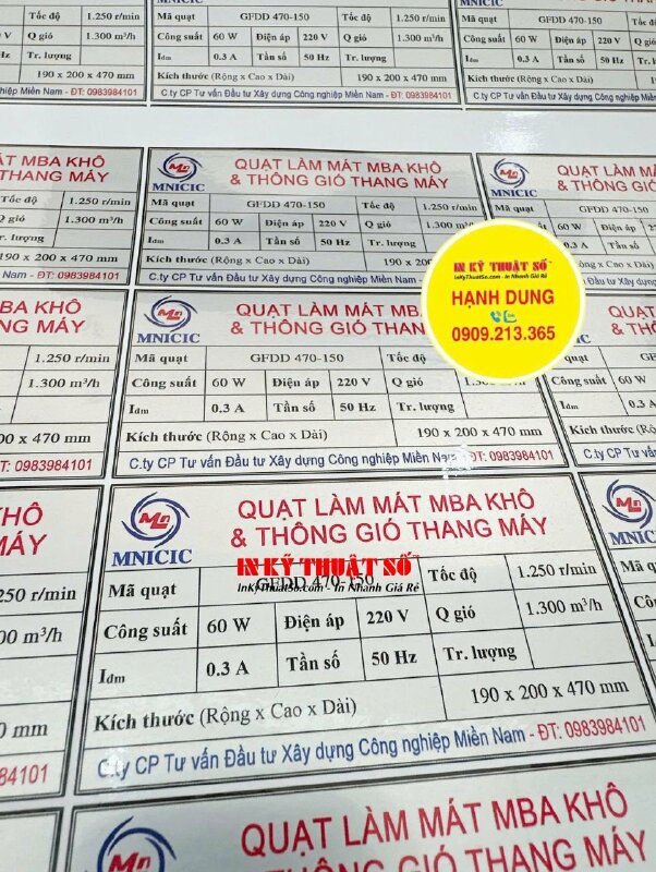 Tem bạc thông số quạt làm mát & thông gió thang máy, Decal bạc in laser, bế chừa viền - INKTS2868