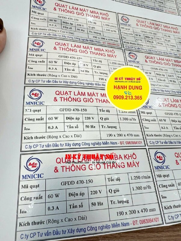 Tem bạc thông số quạt làm mát & thông gió thang máy, Decal bạc in laser, bế chừa viền - INKTS2868