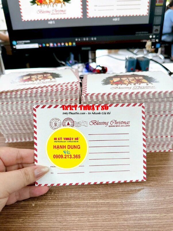 In card Giáng Sinh An Lành, bưu thiếp Giáng Sinh khổ A6 in giấy mỹ thuật Materica nền kem, hàng gửi đi Phú Quốc từ TPHCM - INKTS2940