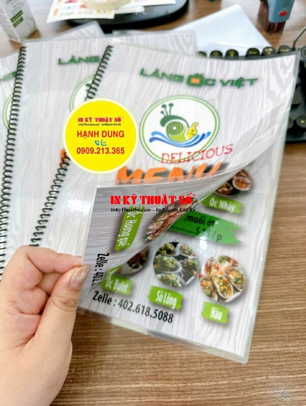 In menu quán ốc, menu ép plastic gáy lò xo khổ A4, hàng gửi đi California Mỹ từ TPHCM - INKTS2937