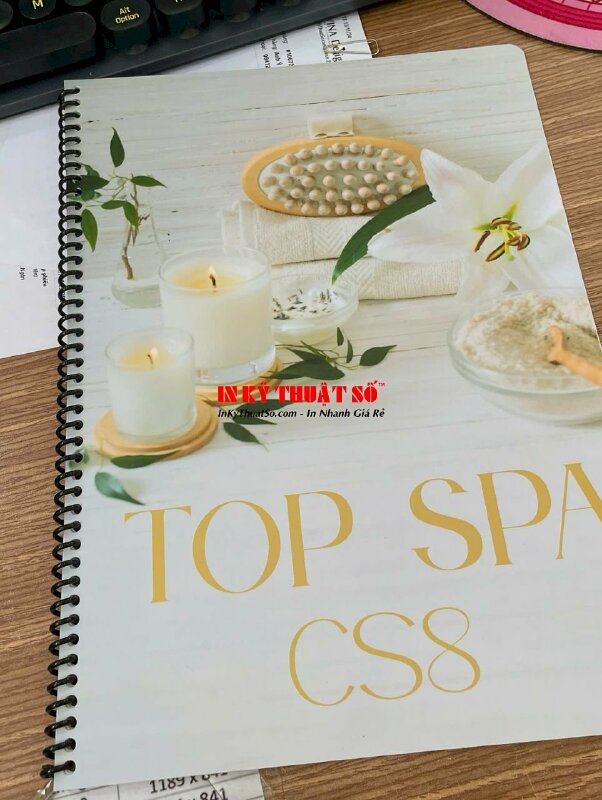 In menu Spa chăm sóc da, menu nhựa dày, in 2 mặt, ép mờ, gáy lò xo đen - INKTS2924