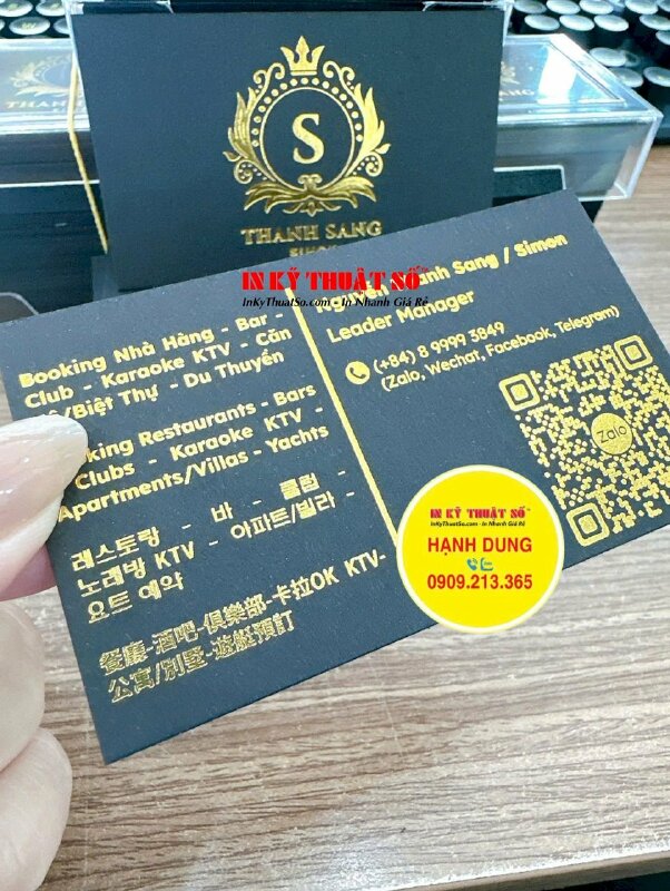 In name card giấy mỹ thuật đen chức danh Leader Manager, ép kim toàn bộ nội dung 2 mặt - INKTS2942