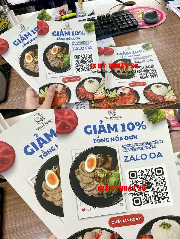 In tờ A5 thông tin mã QR code quan tâm ZaloOA kẹp bảng Mica để quầy order - INKTS3044