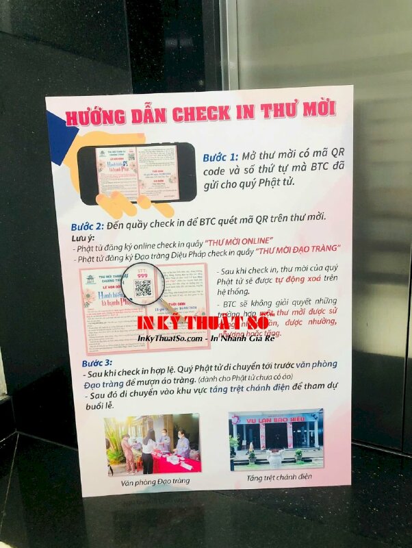 In bảng hướng dẫn check in thư mời bằng mã QR Code cho sự kiện Đạo tràng Diệu Pháp mùa Vu Lan Báo Hiếu tại Chùa - INKTS3101