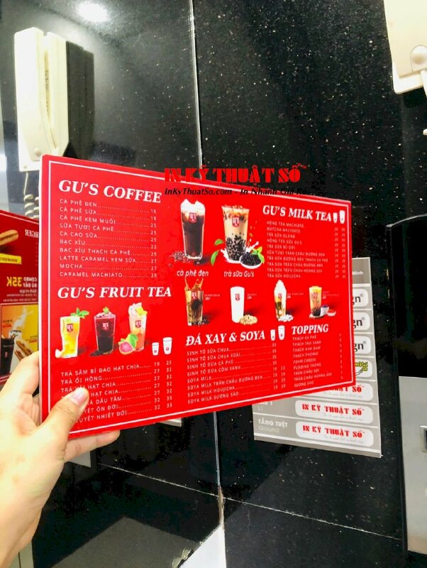 In cán Format làm menu cầm tay 2 mặt thông tin, menu tấm cầm tay quán cafe để quầy order pha chế Coffee Shop Take Away - INKTS3100